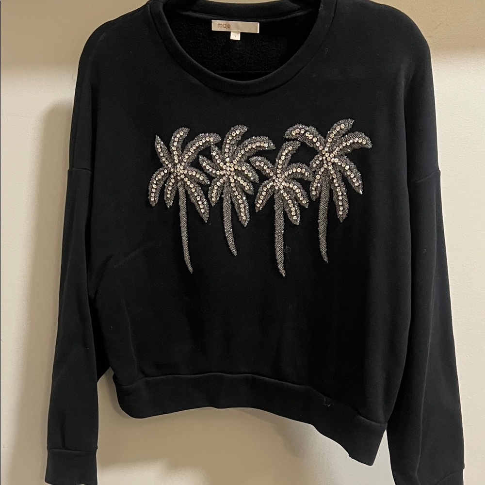 Maje Black Sweatshirt with Embellished Palm Trees